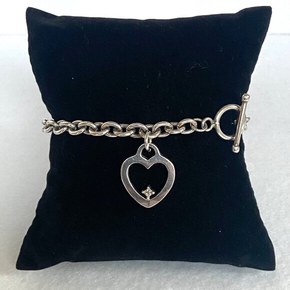 Solid Sterling Silver 925 UD Diamond Chip Heart Charm Cable Chain Bracelet 7.25" - Picture 7 of 16